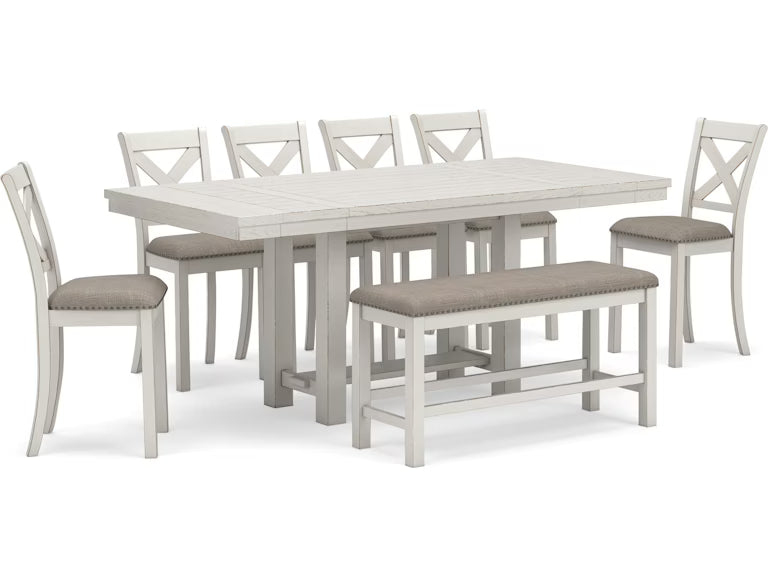 Robbinsdale Dining Set with Bench And Six Chairs; Antique White