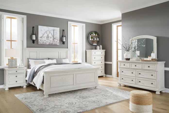 Robbinsdale King Panel Storage Bed with Mirrored Dresser, Chest and 1 Drawer Nightstand