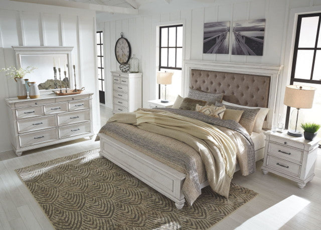 Kanwyn King Upholstered Panel Bed with Mirrored Dresser, Chest and Nightstand