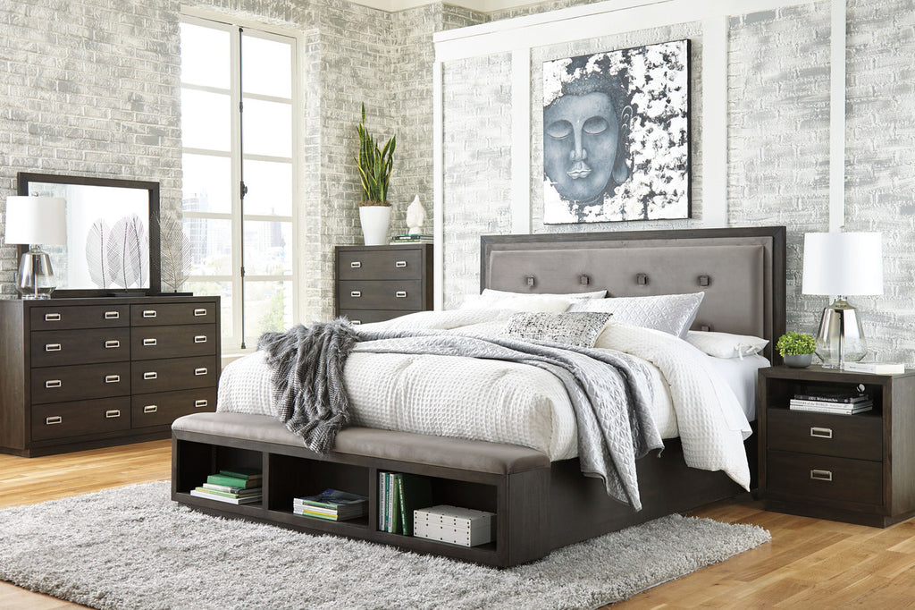 Hyndell King Upholstered Panel Storage Bed, Dresser, Mirror, and Nightstand