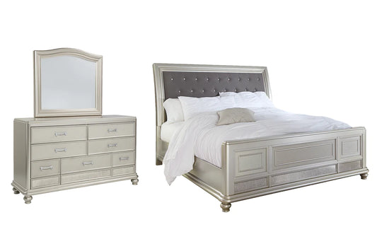 Coralayne King Upholstered Sleigh Bed with Mirrored Dresser - Ashley Furniture - Brunei