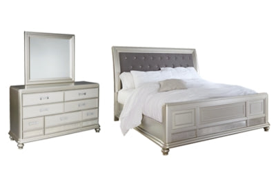 Coralayne Queen Upholstered Seight Bed with Mirrored Dresser