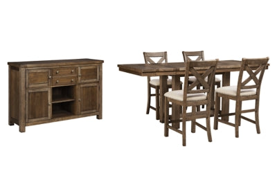 Moriville Counter Height Dining Table, 4 Barstools and Server - Ashley Furniture - Brunei